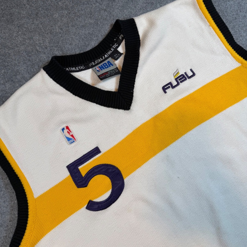 Vintage FUBU Athletic NBA Sweater Vest Mens XL LA Lakers White Knit Basketball